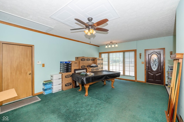 recreation room with ceiling fan, billiards, a textured ceiling, and carpet flooring