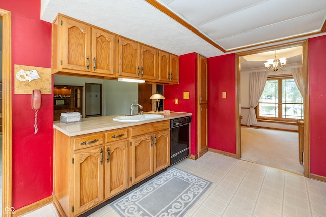 kitchen with a chandelier, black dishwasher, sink, and light carpet