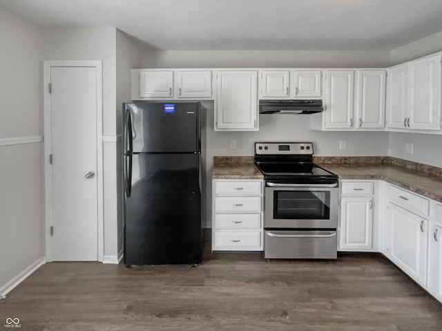 kitchen with dark hardwood / wood-style floors, electric range, black refrigerator, and white cabinets