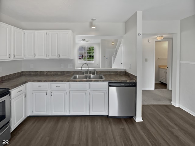 kitchen featuring white cabinetry, ceiling fan, stainless steel appliances, sink, and dark wood-type flooring