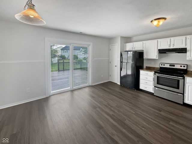 kitchen with stainless steel range with electric stovetop, white cabinetry, dark hardwood / wood-style floors, and black refrigerator