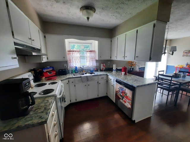 kitchen featuring sink, white electric range, dark wood-type flooring, white cabinetry, and kitchen peninsula