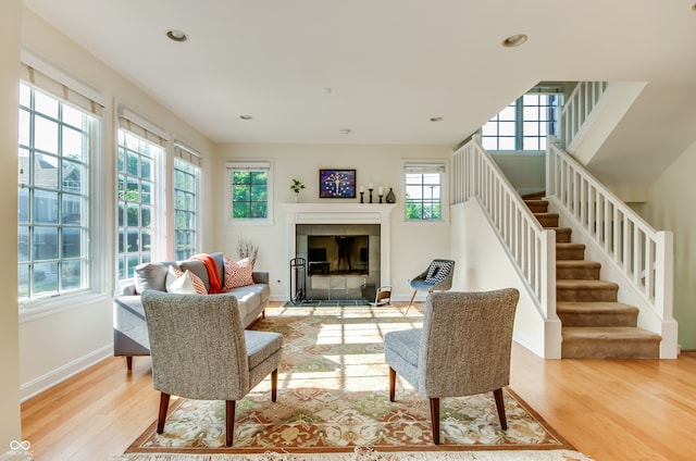 living room featuring a tiled fireplace and light wood-type flooring