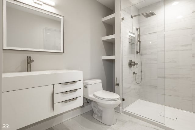 bathroom with vanity, toilet, tile patterned flooring, and an enclosed shower