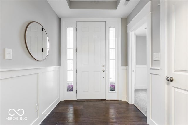 entrance foyer featuring a tray ceiling and dark hardwood / wood-style flooring