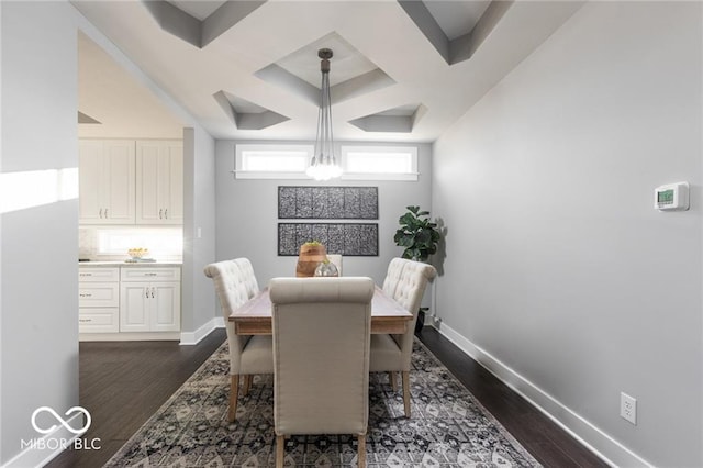 dining area featuring dark hardwood / wood-style flooring and coffered ceiling