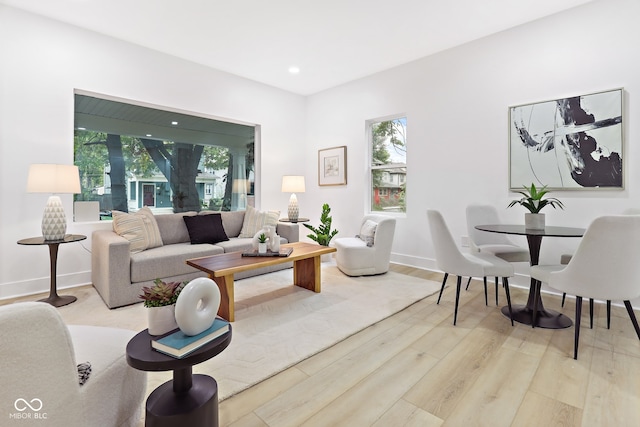 living room featuring light wood-type flooring and a wealth of natural light