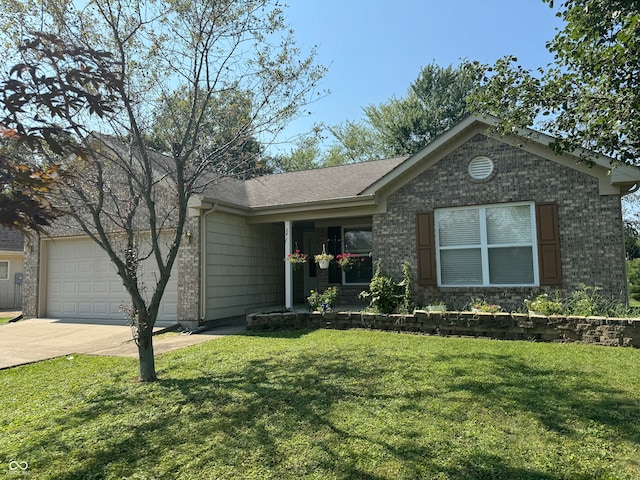 ranch-style home featuring a garage and a front lawn