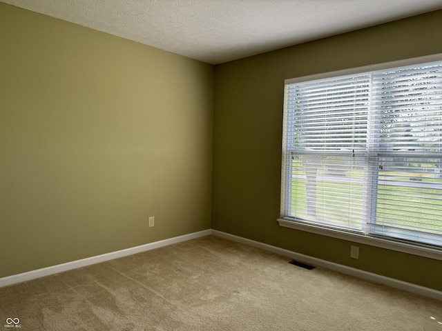 empty room with light carpet and a textured ceiling