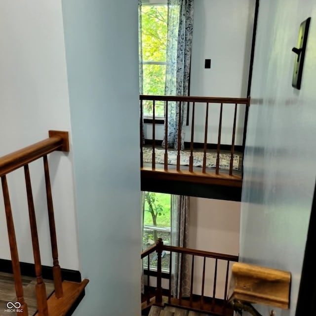 staircase with hardwood / wood-style floors