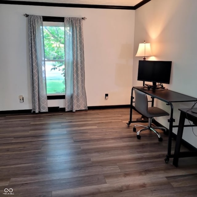 office space with ornamental molding and hardwood / wood-style floors