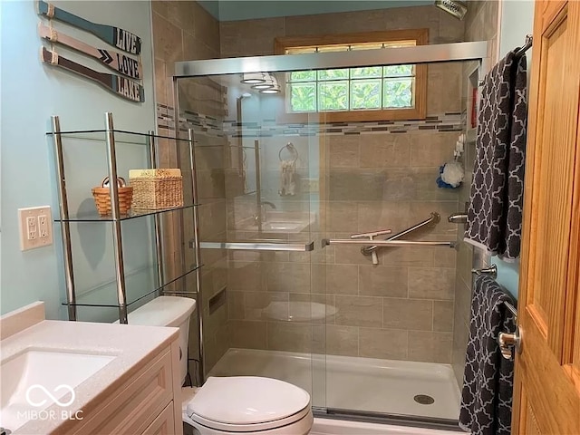 bathroom with a shower with door, toilet, and vanity