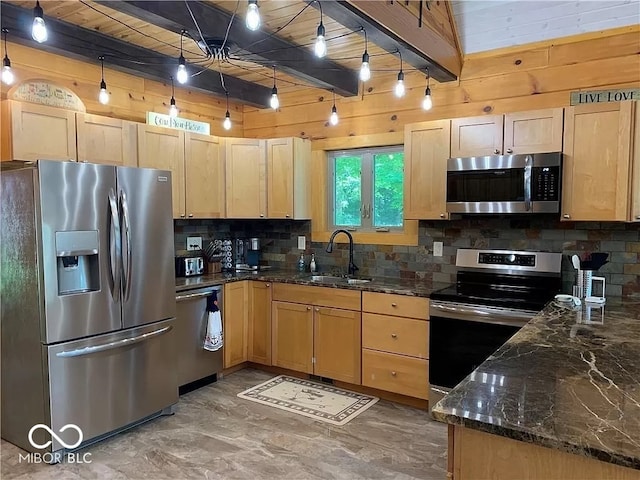 kitchen featuring stainless steel appliances, sink, decorative light fixtures, decorative backsplash, and beam ceiling