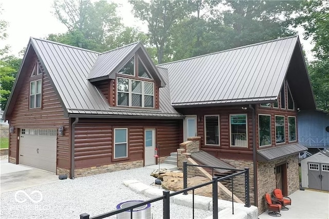 log home with a garage