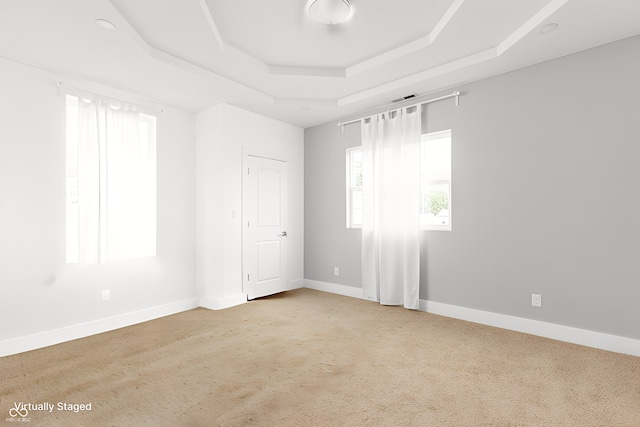 carpeted spare room with a tray ceiling