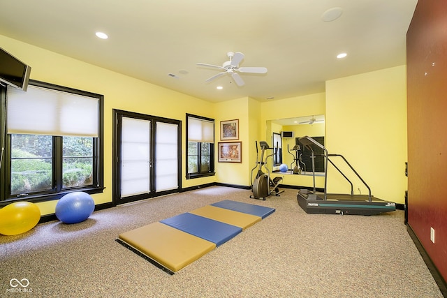 8358 Hidden Point Dr, Indianapolis, IN 46256 - exercise room with a ceiling fan, carpet, and recessed lighting