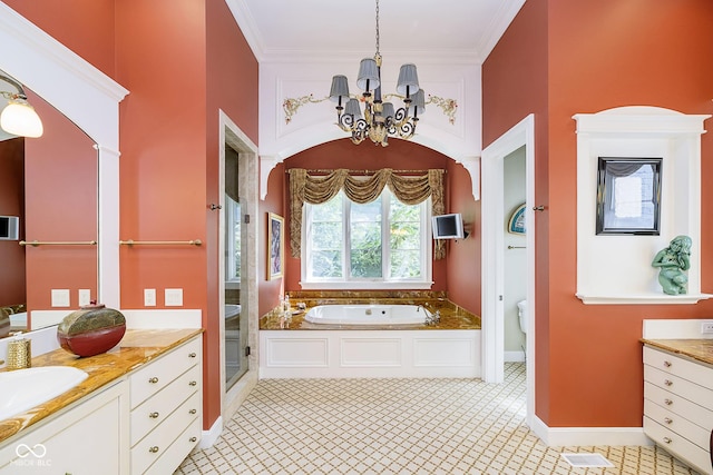 bathroom featuring crown molding, plus walk in shower, vanity, and an inviting chandelier