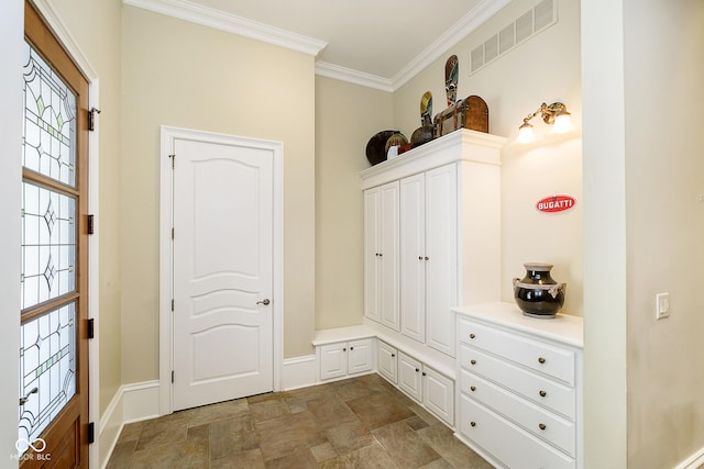8358 Hidden Point Dr, Indianapolis, IN 46256 - mudroom featuring stone finish flooring and ornamental molding