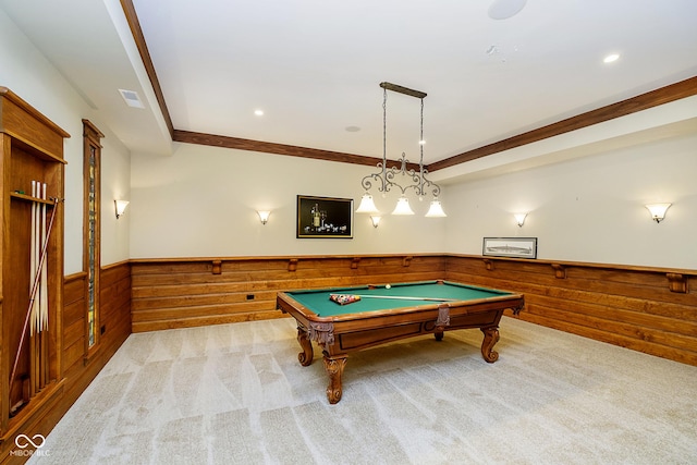 recreation room with wooden walls, light colored carpet, crown molding, and billiards