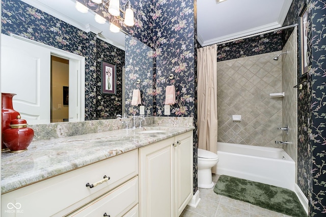 8358 Hidden Point Dr, Indianapolis, IN 46256 - full bath featuring vanity, tile patterned flooring, wallpapered walls, shower / tub combo, and ornamental molding