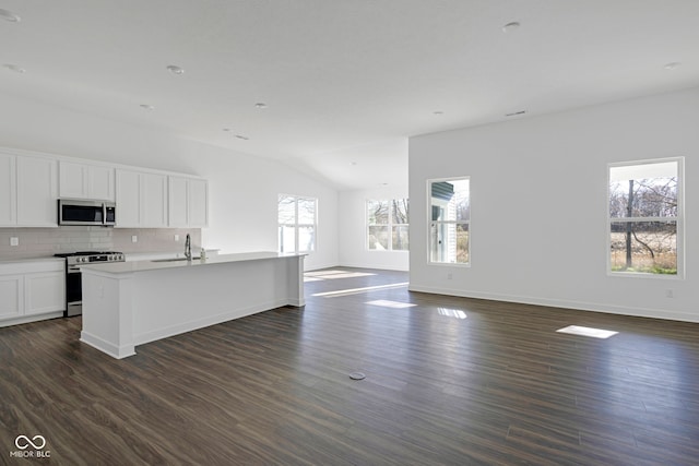 kitchen with white cabinetry, an island with sink, stainless steel appliances, and dark hardwood / wood-style floors