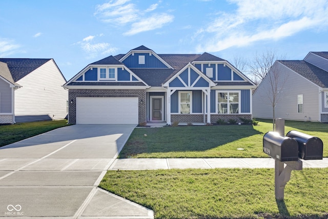 craftsman-style home featuring a front yard and a garage