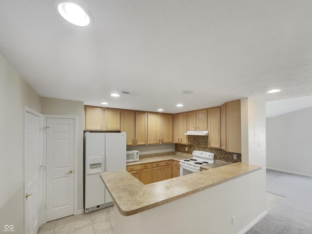 kitchen featuring light brown cabinetry, decorative backsplash, light tile patterned floors, kitchen peninsula, and white appliances