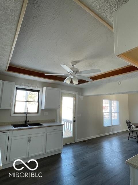 kitchen featuring white cabinets, a textured ceiling, ceiling fan, and sink