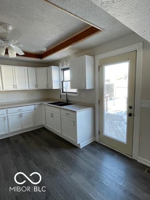 kitchen featuring white cabinets, dark hardwood / wood-style floors, a raised ceiling, and sink