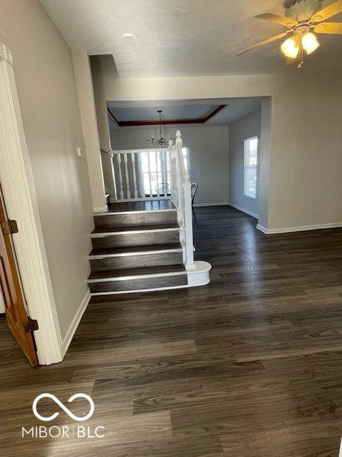 stairs featuring hardwood / wood-style floors and ceiling fan with notable chandelier