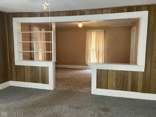 unfurnished room with wood walls and carpet flooring