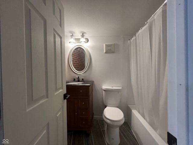 full bathroom with vanity, toilet, and shower / bath combination with curtain