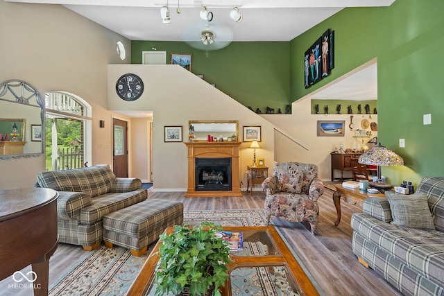 living room featuring a high ceiling, a textured ceiling, hardwood / wood-style flooring, and track lighting