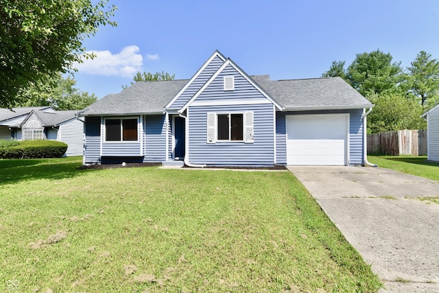 ranch-style home featuring a garage, concrete driveway, a front yard, roof with shingles, and fence