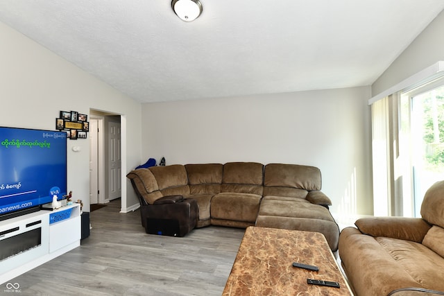 living room featuring light hardwood / wood-style flooring, a textured ceiling, and vaulted ceiling