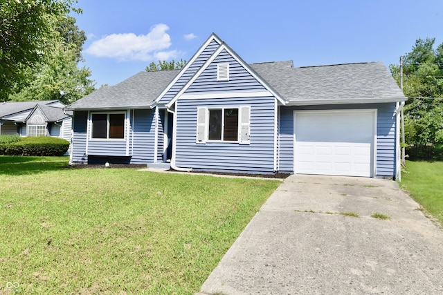 single story home with a front yard and a garage