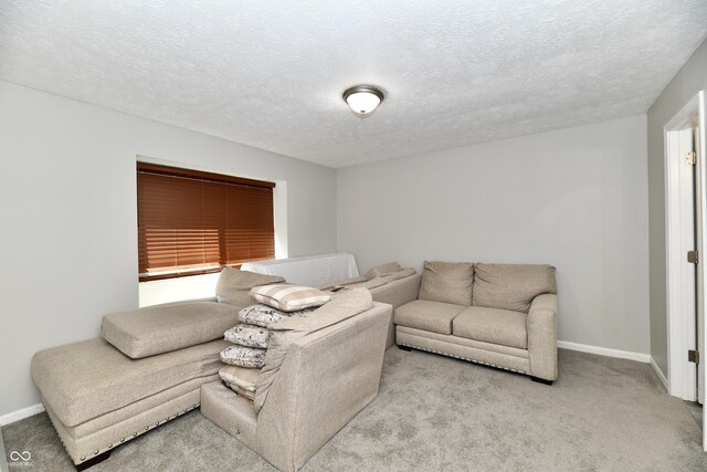 carpeted living room featuring a textured ceiling