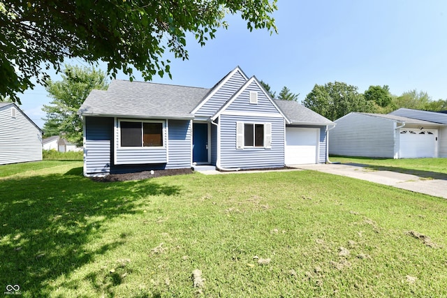 ranch-style house featuring a shingled roof, driveway, a garage, and a front yard