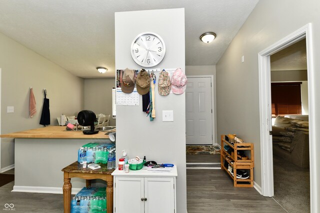 interior space with dark wood-type flooring and white cabinetry