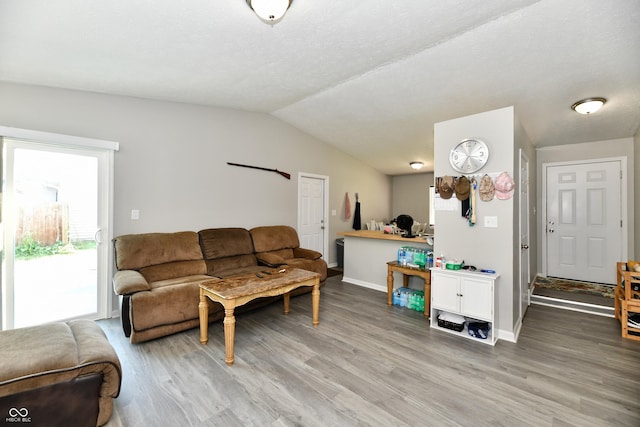 living area with baseboards, lofted ceiling, and wood finished floors