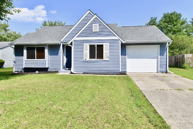 ranch-style house featuring a garage, a shingled roof, driveway, and a front lawn