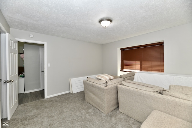 living room featuring a textured ceiling and carpet floors