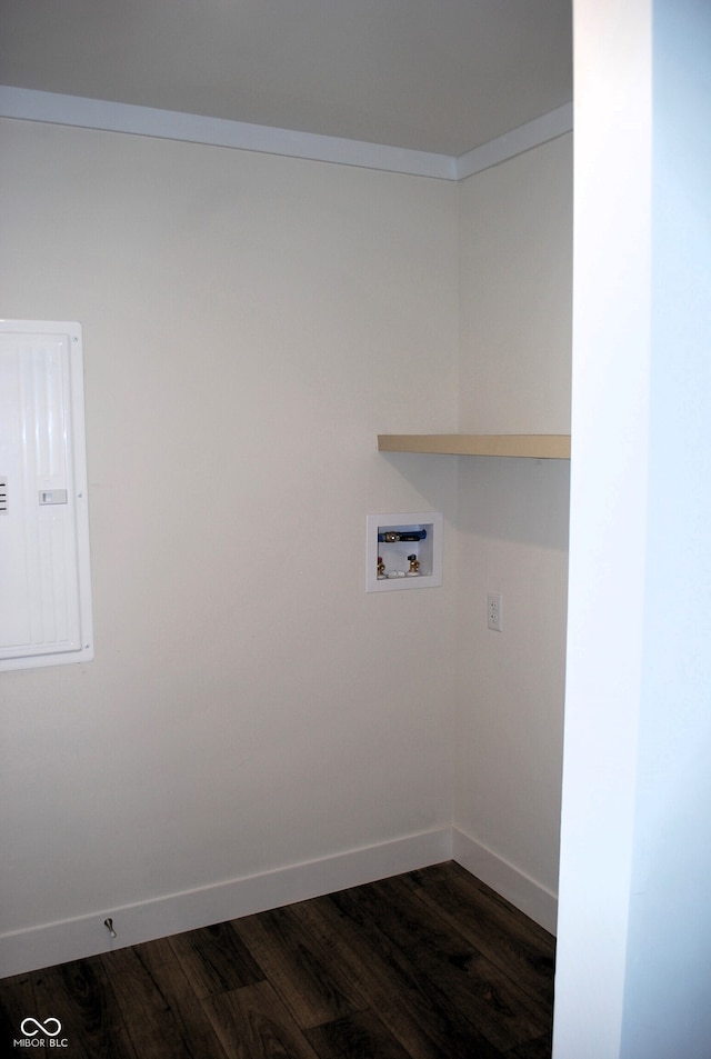 laundry room featuring electric panel, washer hookup, and dark hardwood / wood-style floors