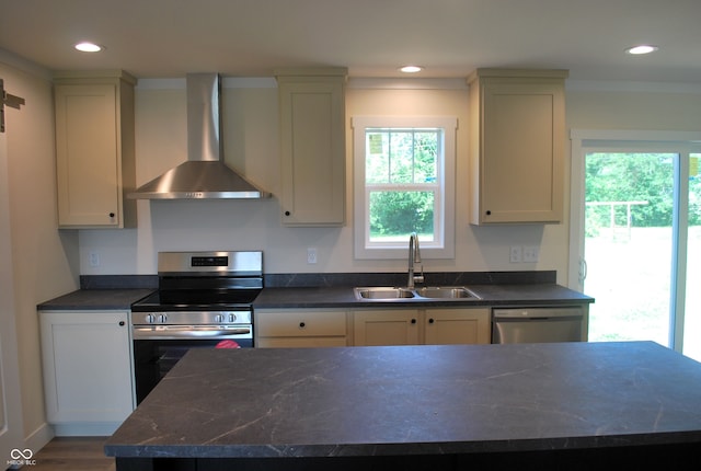 kitchen featuring sink, wall chimney range hood, stainless steel appliances, and a wealth of natural light