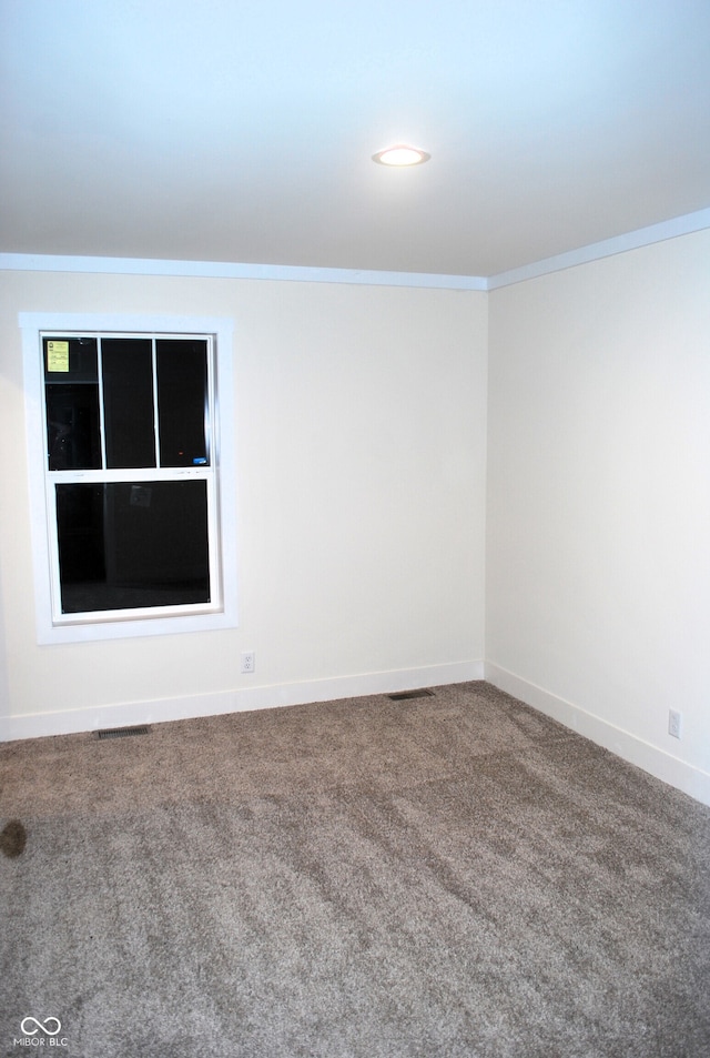 carpeted spare room featuring ornamental molding