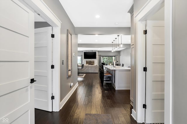 hall with dark hardwood / wood-style flooring