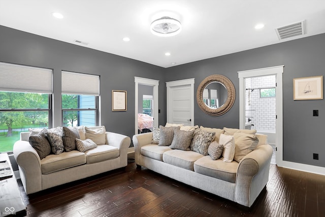 living room with dark hardwood / wood-style flooring