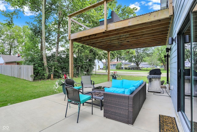 view of patio / terrace featuring an outdoor living space, a pergola, and a grill