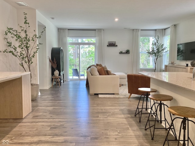 living room featuring light wood-style floors, visible vents, and plenty of natural light