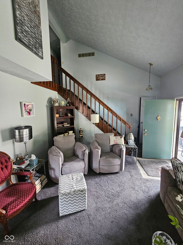 living room featuring lofted ceiling, a textured ceiling, and carpet floors